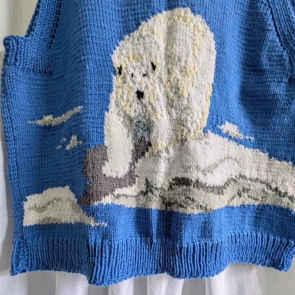 Vintage Handknit Polar Bear Vest Blue Button Front V-neck Men's Women's - Picture 5 of 11